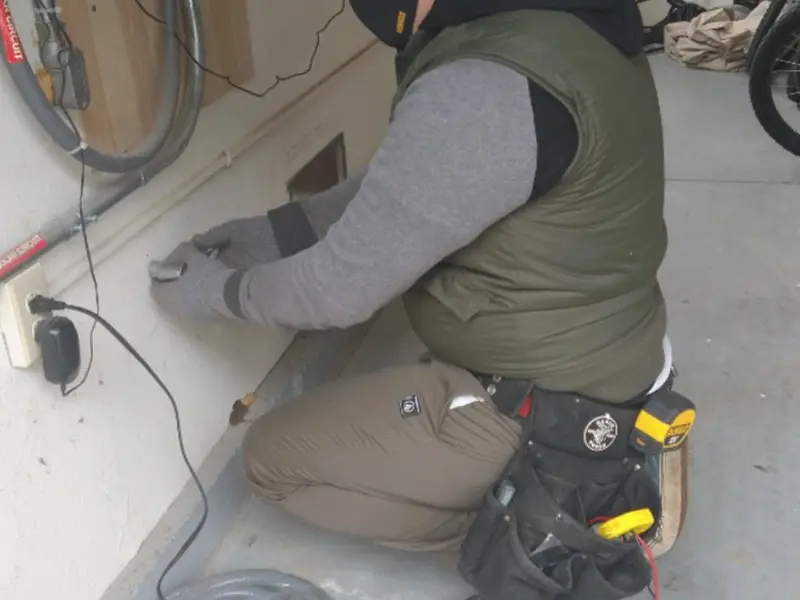 Electrician performing outlet wiring in a Berryville garage